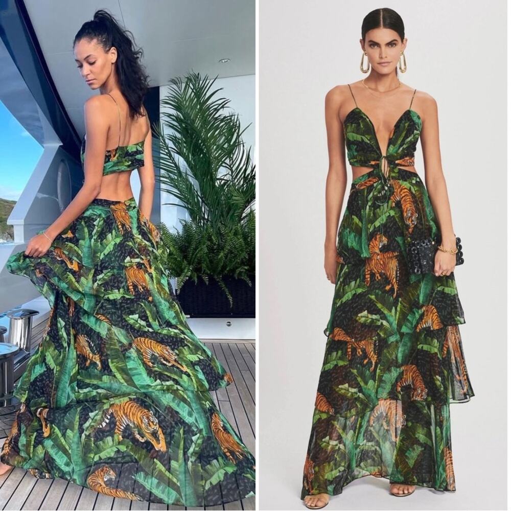 RETROFETE Paulina Silk Cutout Tiered Safari Print Black Maxi Dress Size XS